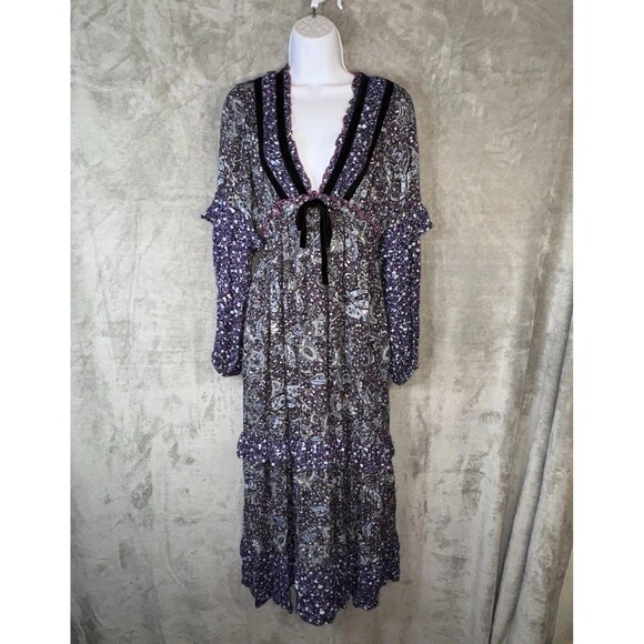 Btfl-Life Boho Maxi Dress Velvet Trim V Neck Empire Waist Paisley Sz Sm Cottage - Picture 1 of 12